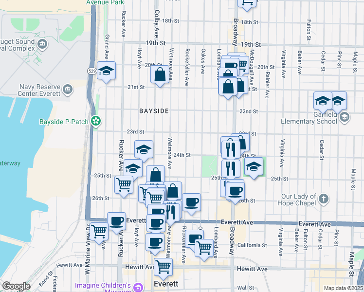 map of restaurants, bars, coffee shops, grocery stores, and more near 2320 Rockefeller Avenue in Everett