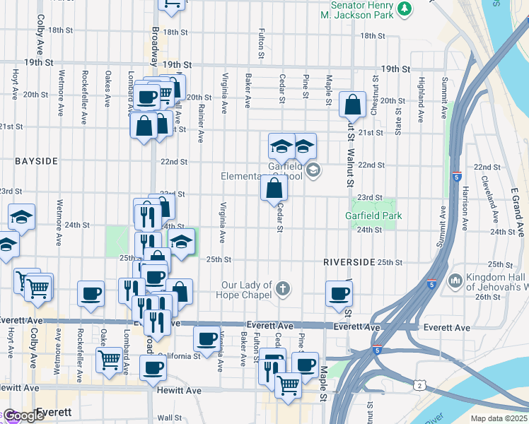 map of restaurants, bars, coffee shops, grocery stores, and more near 2315 Fulton Street in Everett