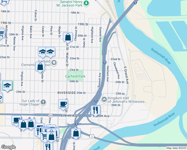 map of restaurants, bars, coffee shops, grocery stores, and more near 2311 Highland Avenue in Everett