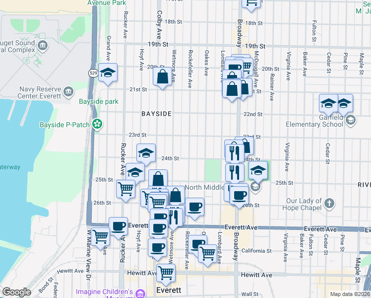 map of restaurants, bars, coffee shops, grocery stores, and more near 2320 Rockefeller Avenue in Everett