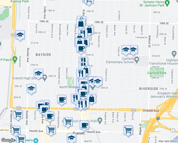 map of restaurants, bars, coffee shops, grocery stores, and more near 2318 McDougall Avenue in Everett