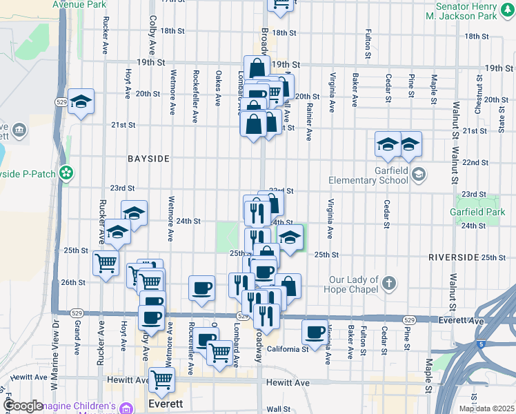 map of restaurants, bars, coffee shops, grocery stores, and more near 2318 Broadway in Everett