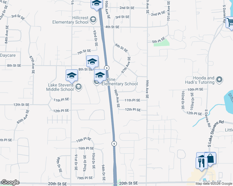 map of restaurants, bars, coffee shops, grocery stores, and more near 1026 96th Avenue Southeast in Lake Stevens