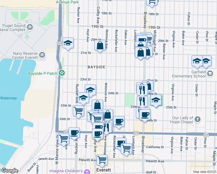 map of restaurants, bars, coffee shops, grocery stores, and more near 2319 Wetmore Avenue in Everett