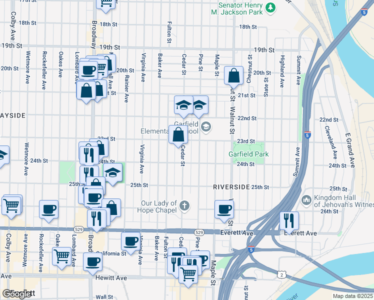 map of restaurants, bars, coffee shops, grocery stores, and more near 2313 Cedar Street in Everett