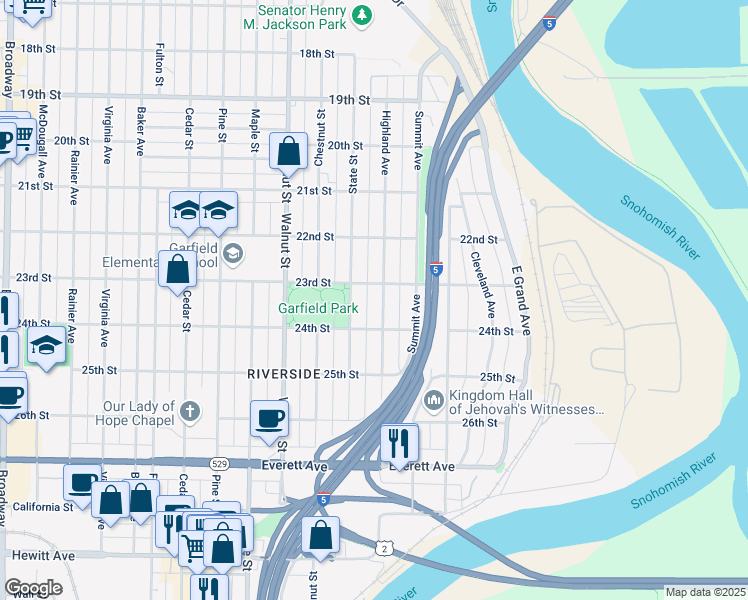 map of restaurants, bars, coffee shops, grocery stores, and more near 2312 Highland Avenue in Everett