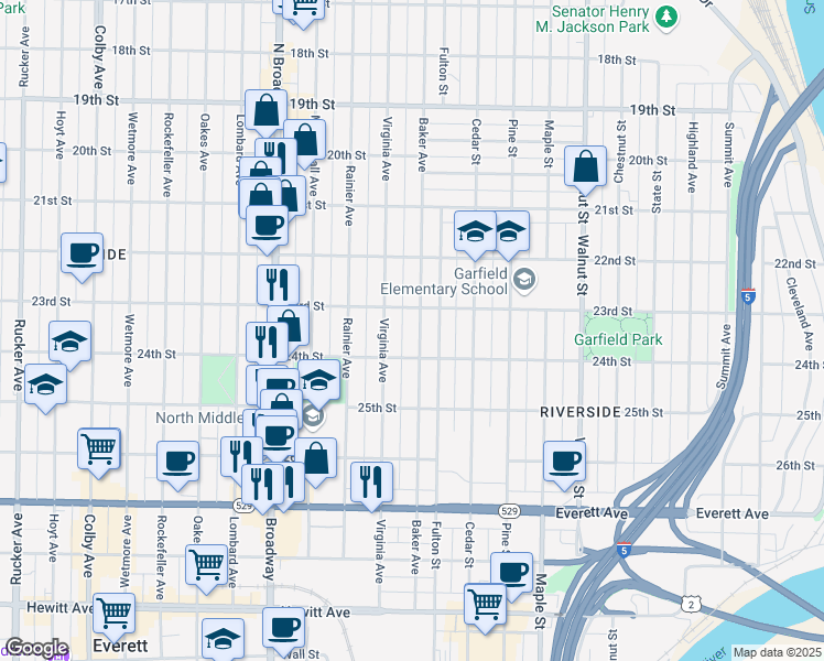 map of restaurants, bars, coffee shops, grocery stores, and more near 2314 Baker Avenue in Everett