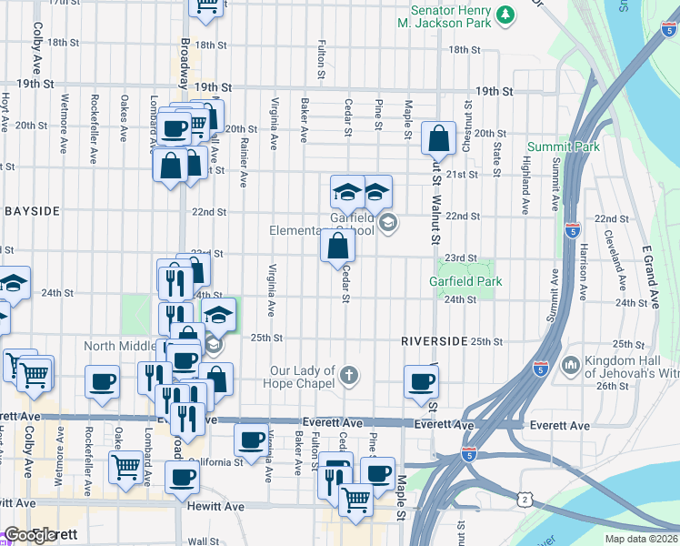 map of restaurants, bars, coffee shops, grocery stores, and more near 2314 Cedar Street in Everett