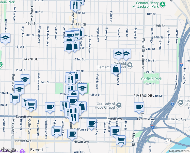 map of restaurants, bars, coffee shops, grocery stores, and more near 2314 Virginia Ave in Everett