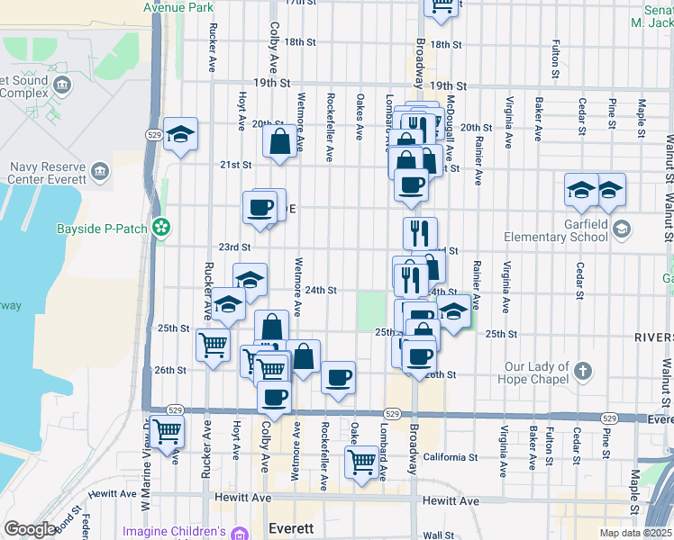 map of restaurants, bars, coffee shops, grocery stores, and more near 2315 Rockefeller Avenue in Everett