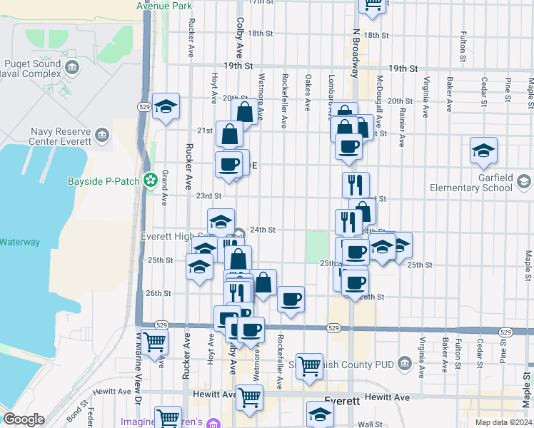 map of restaurants, bars, coffee shops, grocery stores, and more near 2319 Wetmore Avenue in Everett