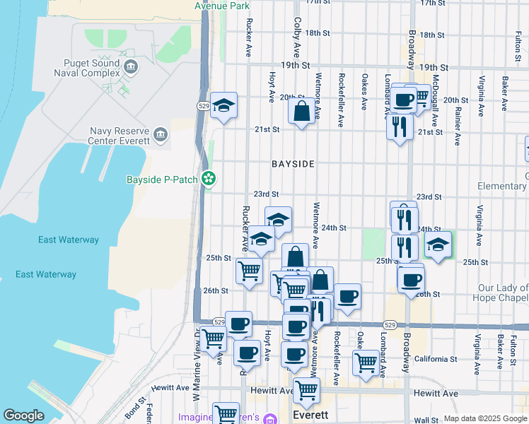 map of restaurants, bars, coffee shops, grocery stores, and more near 2321 Hoyt Avenue in Everett