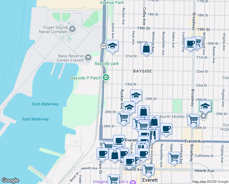 map of restaurants, bars, coffee shops, grocery stores, and more near 2317 Grand Avenue in Everett