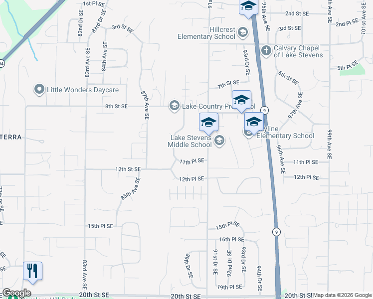 map of restaurants, bars, coffee shops, grocery stores, and more near 8914 10th Place Southeast in Lake Stevens