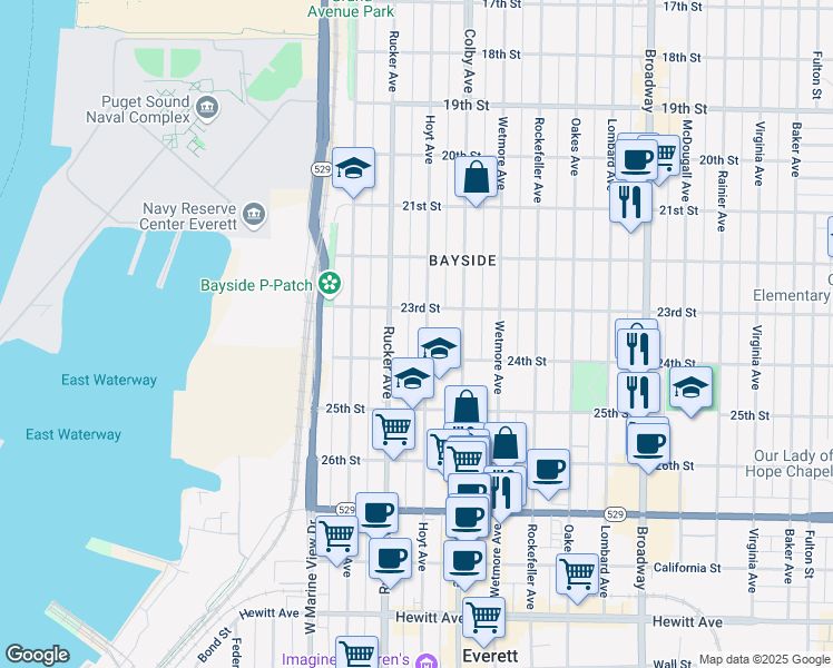map of restaurants, bars, coffee shops, grocery stores, and more near 2321 Hoyt Avenue in Everett