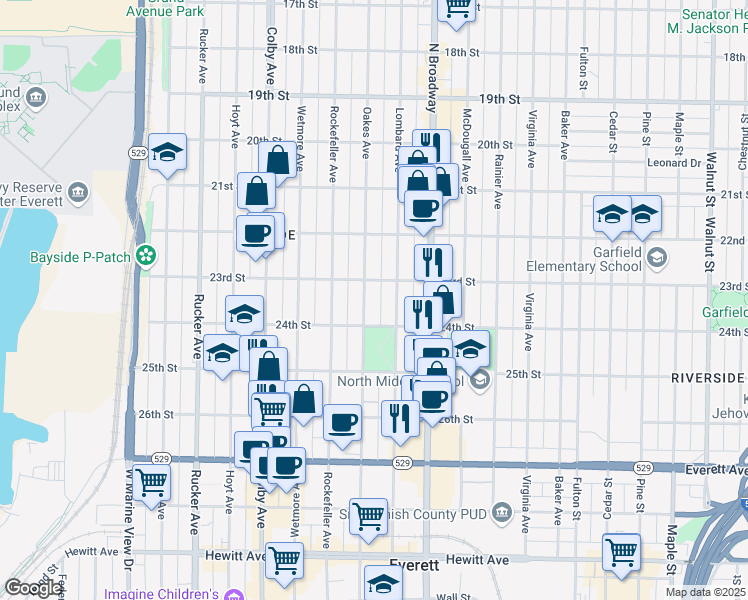 map of restaurants, bars, coffee shops, grocery stores, and more near in Everett