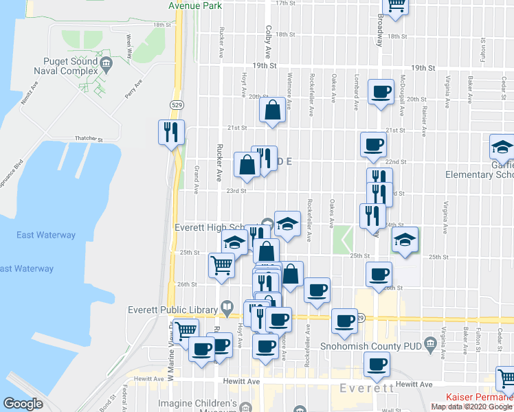 map of restaurants, bars, coffee shops, grocery stores, and more near 2321 Hoyt Avenue in Everett