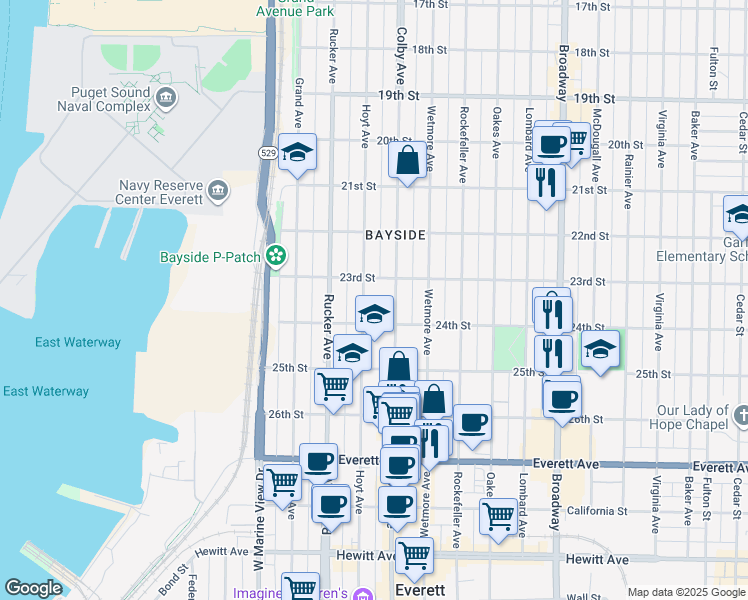 map of restaurants, bars, coffee shops, grocery stores, and more near 2321 Hoyt Avenue in Everett
