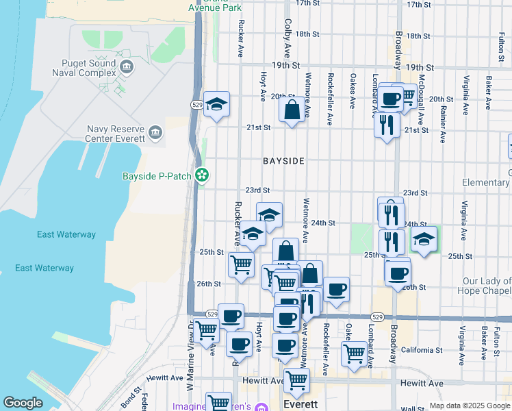 map of restaurants, bars, coffee shops, grocery stores, and more near 2321 Hoyt Avenue in Everett