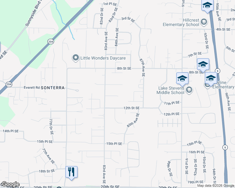 map of restaurants, bars, coffee shops, grocery stores, and more near 8401 10th Place Southeast in Lake Stevens