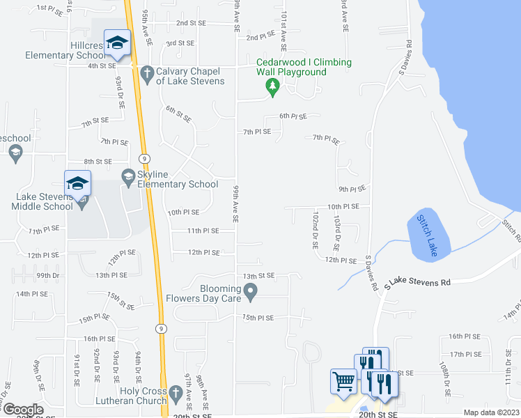 map of restaurants, bars, coffee shops, grocery stores, and more near 1023 99th Avenue Southeast in Lake Stevens