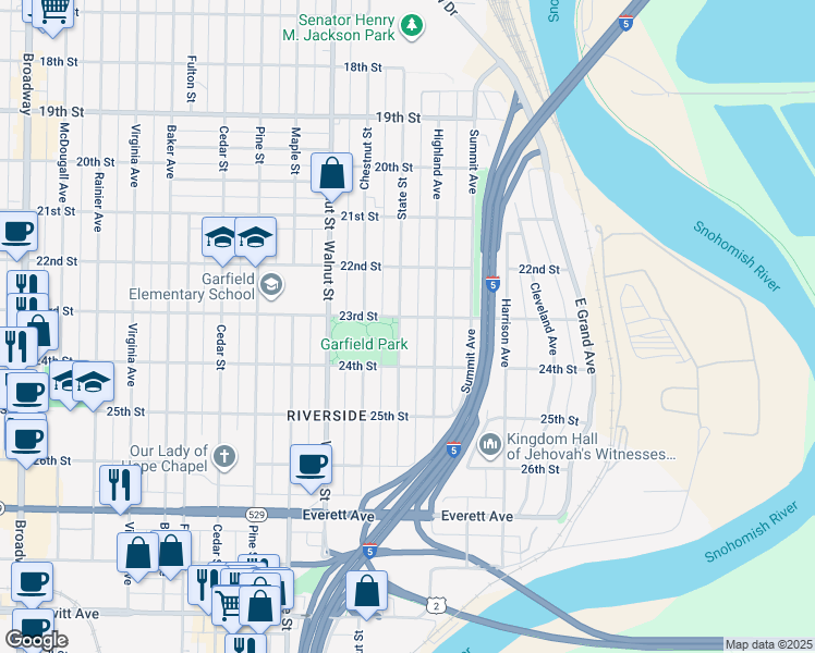 map of restaurants, bars, coffee shops, grocery stores, and more near 2305 State Street in Everett