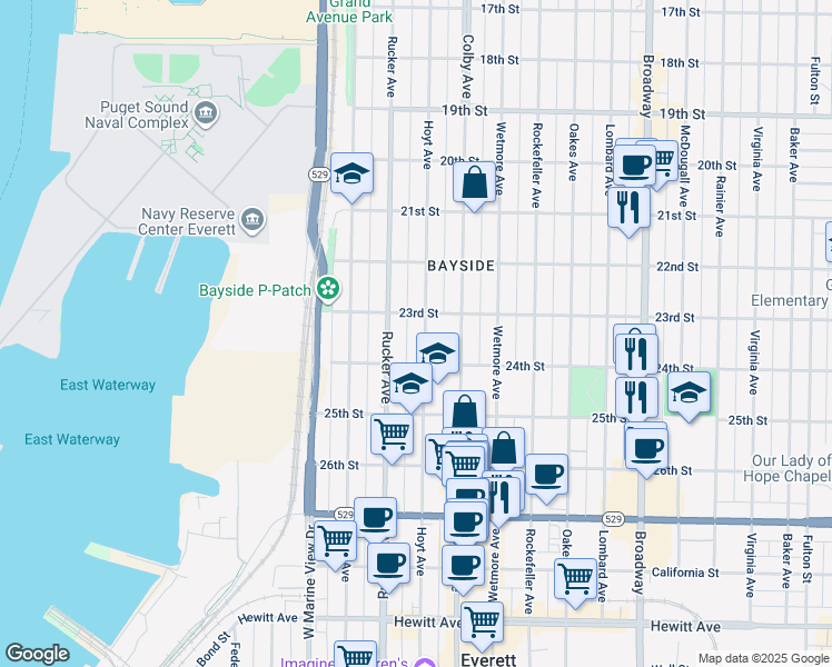 map of restaurants, bars, coffee shops, grocery stores, and more near 2321 Hoyt Avenue in Everett