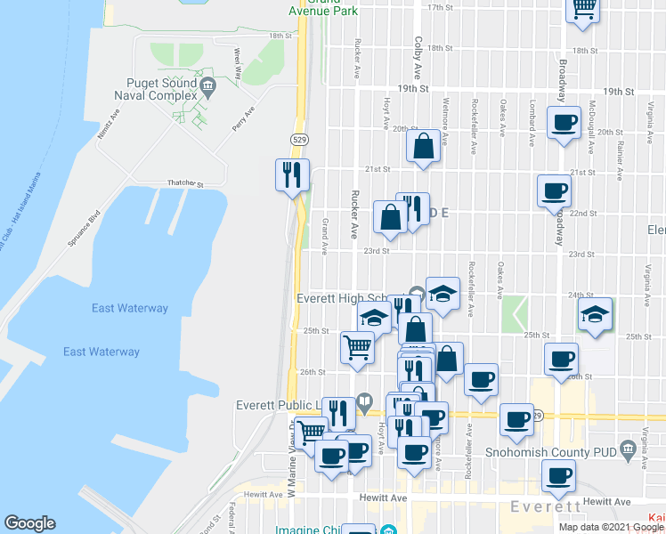 map of restaurants, bars, coffee shops, grocery stores, and more near 2317 Grand Avenue in Everett