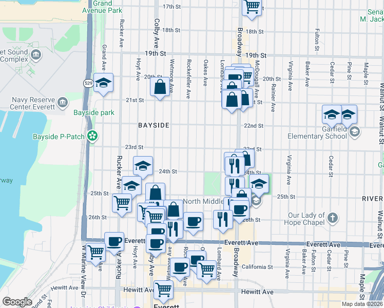 map of restaurants, bars, coffee shops, grocery stores, and more near 2315 Rockefeller Avenue in Everett