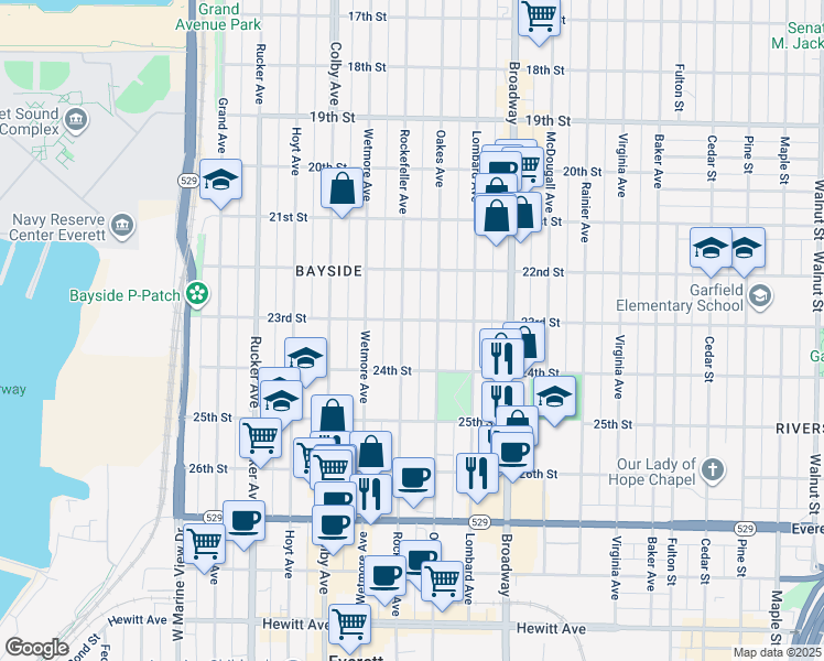 map of restaurants, bars, coffee shops, grocery stores, and more near 2315 Rockefeller Avenue in Everett