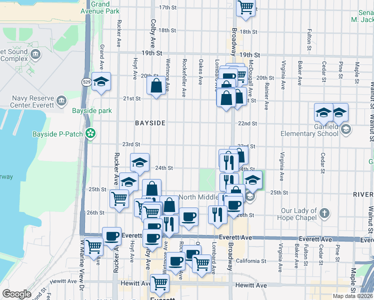 map of restaurants, bars, coffee shops, grocery stores, and more near 2315 Rockefeller Avenue in Everett