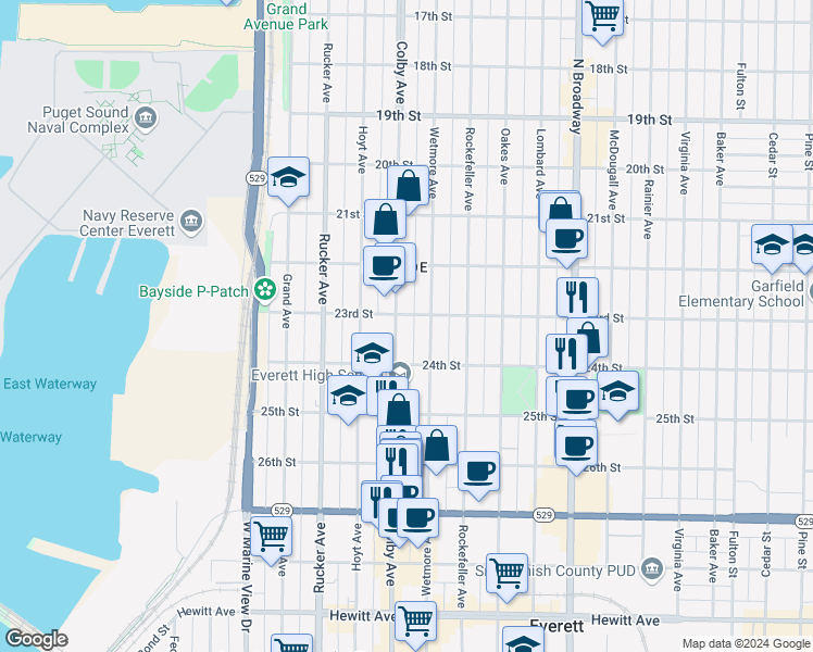 map of restaurants, bars, coffee shops, grocery stores, and more near 2319 Colby Avenue in Everett