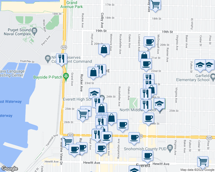 map of restaurants, bars, coffee shops, grocery stores, and more near 2306 Wetmore Avenue in Everett