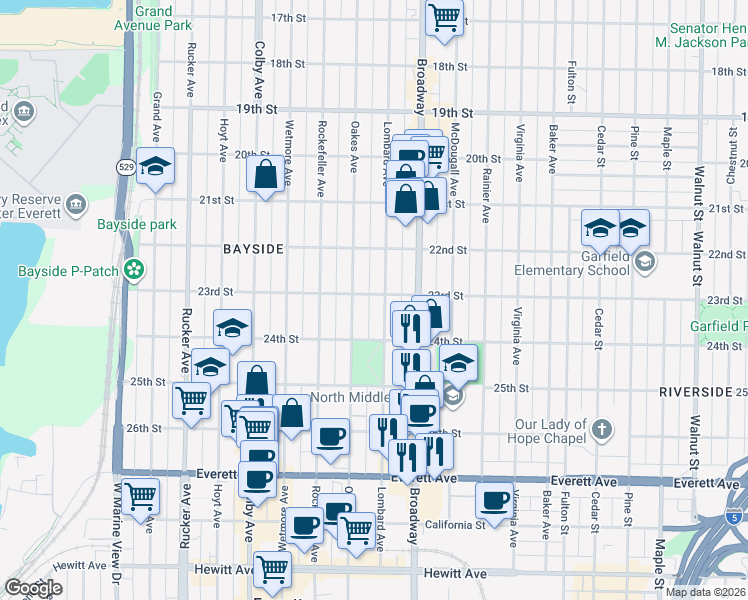 map of restaurants, bars, coffee shops, grocery stores, and more near 1914 23rd Street in Everett