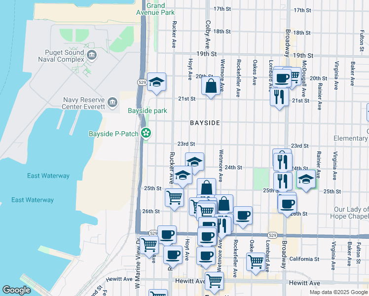map of restaurants, bars, coffee shops, grocery stores, and more near 1414 23rd Street in Everett