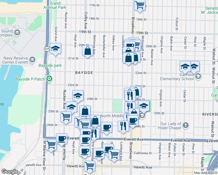 map of restaurants, bars, coffee shops, grocery stores, and more near 1812 23rd Street in Everett