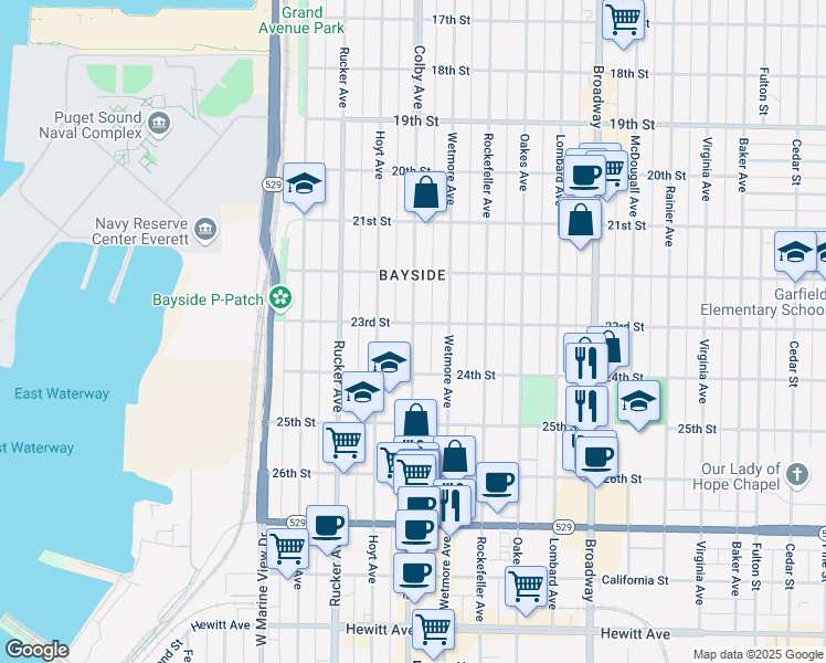 map of restaurants, bars, coffee shops, grocery stores, and more near 2319 Colby Avenue in Everett