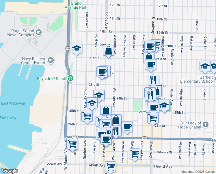 map of restaurants, bars, coffee shops, grocery stores, and more near 2319 Colby Avenue in Everett