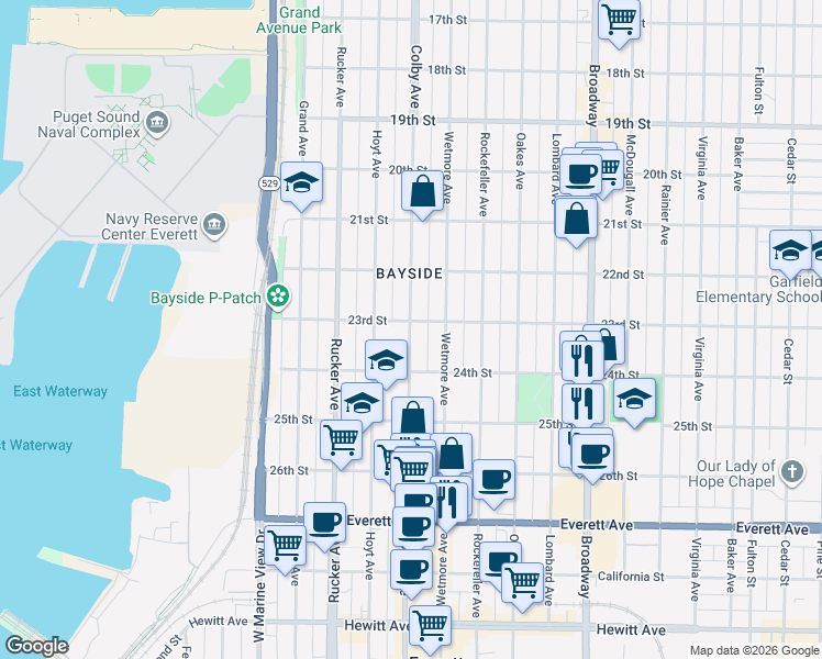map of restaurants, bars, coffee shops, grocery stores, and more near 2319 Colby Avenue in Everett