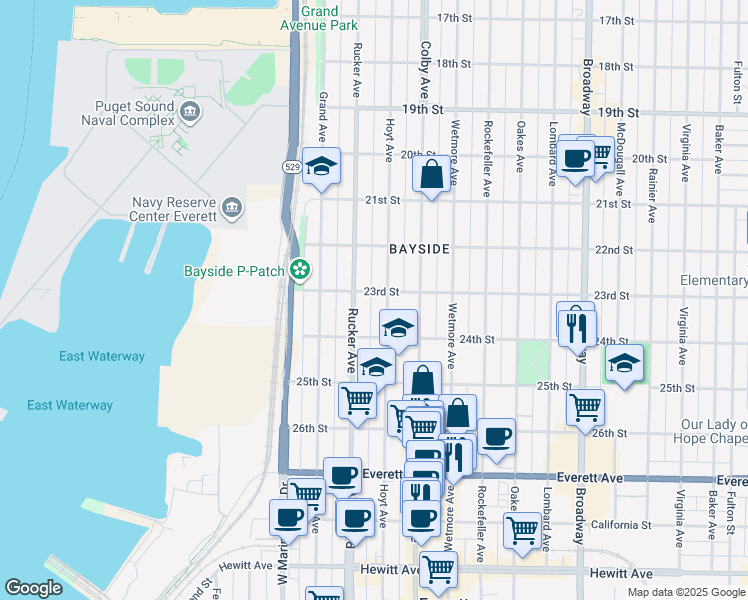 map of restaurants, bars, coffee shops, grocery stores, and more near 2317 Rucker Avenue in Everett