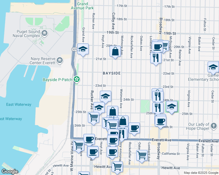 map of restaurants, bars, coffee shops, grocery stores, and more near 2321 Hoyt Avenue in Everett