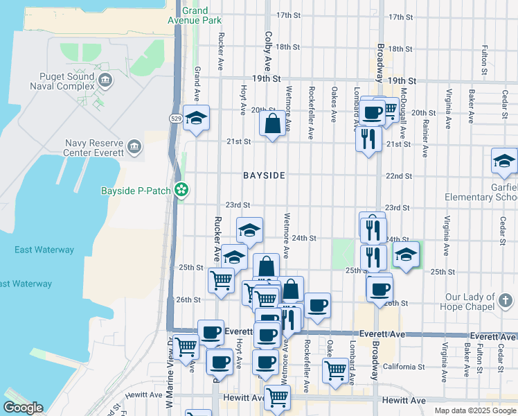 map of restaurants, bars, coffee shops, grocery stores, and more near 2321 Hoyt Avenue in Everett