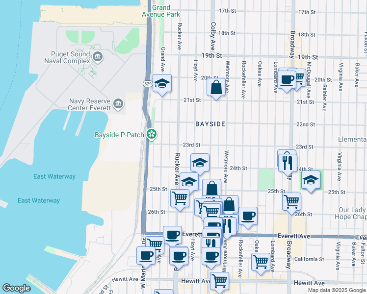 map of restaurants, bars, coffee shops, grocery stores, and more near 2317 Rucker Avenue in Everett