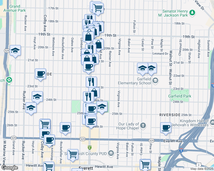 map of restaurants, bars, coffee shops, grocery stores, and more near 2212 Rainier Avenue in Everett
