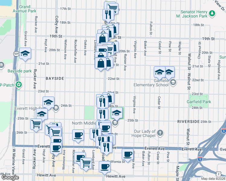 map of restaurants, bars, coffee shops, grocery stores, and more near 2209 Broadway in Everett