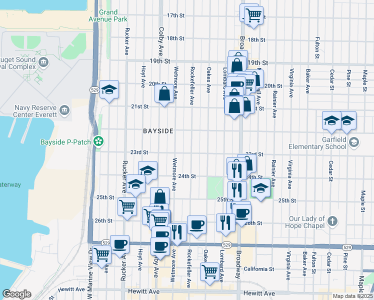 map of restaurants, bars, coffee shops, grocery stores, and more near 2213 Wetmore Avenue in Everett