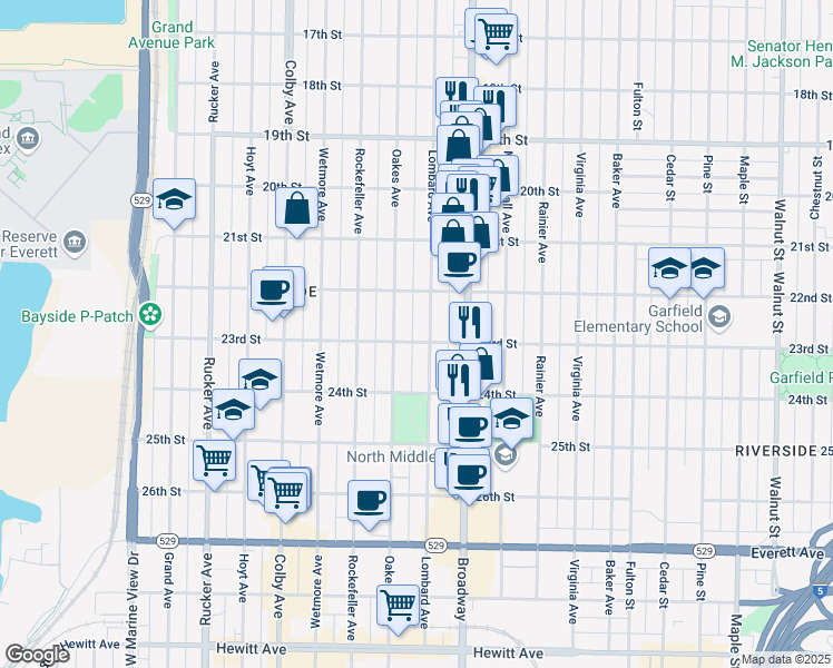 map of restaurants, bars, coffee shops, grocery stores, and more near 1915 23rd Street in Everett