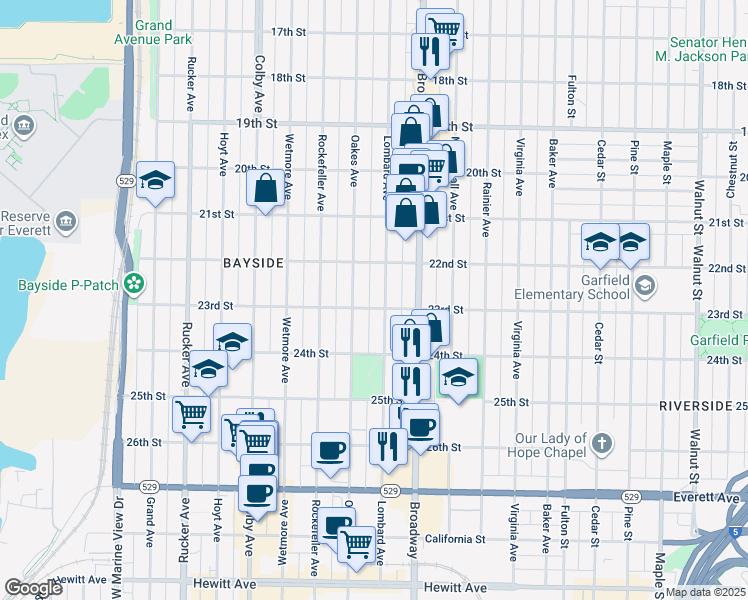 map of restaurants, bars, coffee shops, grocery stores, and more near 2211 Oakes Avenue in Everett