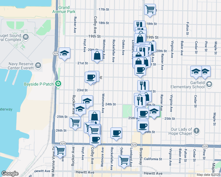 map of restaurants, bars, coffee shops, grocery stores, and more near 2213 Wetmore Avenue in Everett