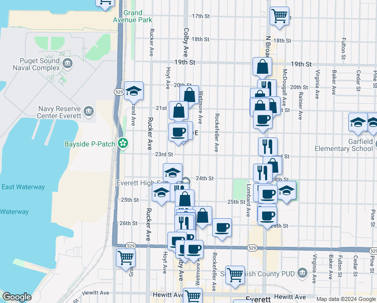 map of restaurants, bars, coffee shops, grocery stores, and more near 2215 Colby Avenue in Everett